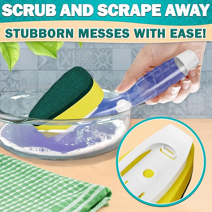 Dish Wand with Soap Dispenser - Dish Sponge with Handle for Quick Dishwashing, High-Density Non-Scratch Cellulose Head, 7 Sponge Refills Included - Leak-Proof Design for Clean & Easy Soap Control
