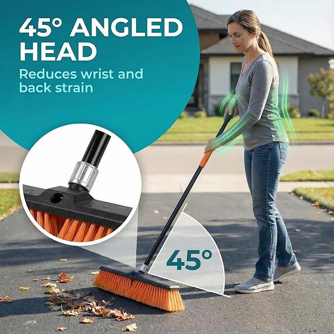 HELOMOR Outdoor Broom Set, 2 Pack Push Broom Outdoor with 62” Long Handles, Heavy Duty Brooms for Driveway, Deck, Garage & Patio, Includes Dustpan Bin and Work Gloves