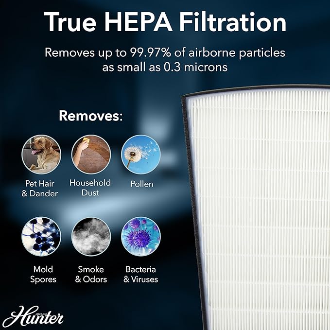 Hunter HP800 Air Purifiers for Home Large Room and Bedroom. True HEPA Air Purifier for Pets, Odors, Allergens, Smoke, Dust, VOC's. 4 Fan Speeds, Quiet Sleep Mode. Cleans 2585 Ft² per Hour. White