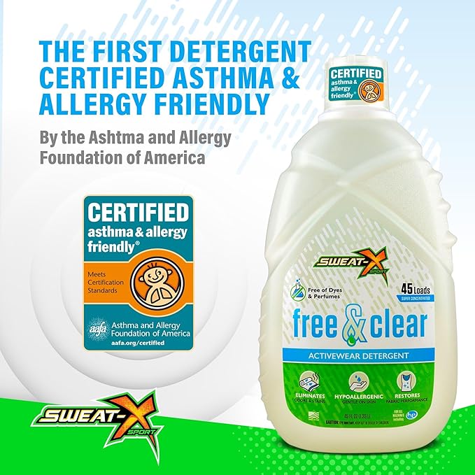 SWEAT X Free & Clear Laundry Detergent Liquid - Natural Non Toxic Laundry Detergent for Sensitive Skin - Gentle Washing Detergent for Activewear & Performance Fabrics - 45 Loads/Bottle, 2 Bottles