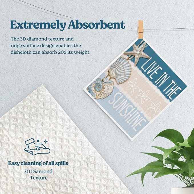 Swedish Dishcloths for Kitchen, Summer Coastal Seashell Kitchen Dish Towels for Washing Dishes, 4 Pack Reusable Paper Towels Washable, Sponge Cloths for Home Cleaning Baking Cooking Decor
