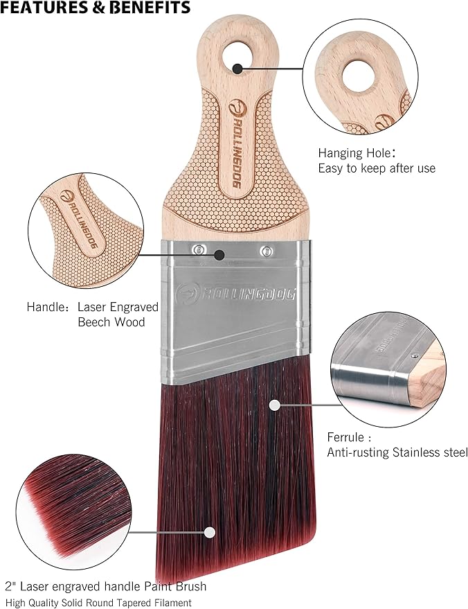 ROLLINGDOG 2 Inch Trim Brush - Short Handle Angled Paint Brush for Painting Walls, Furniture, Cutting in, Trim, Detail Painting