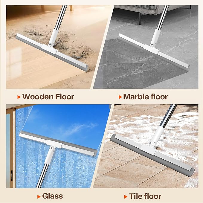 Silicone Squeegee for Floor, 180° Rotating Squeegee Broom, Floor Squeegee with a Long Handle, Squeegee for Water and Pet Hair Removal on Bathroom Floors, Tile, Glass, Indoor Window Cleaning Tool