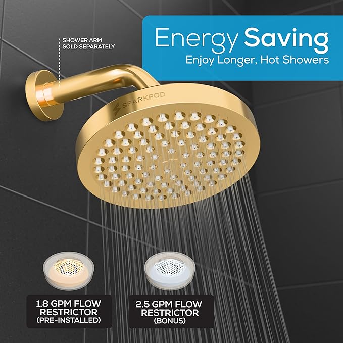 SparkPod Shower Head - High Pressure Rain - Premium Quality Luxury Design - 1-Min Install - Easy Clean Adjustable Replacement for Your Bathroom Shower Heads (Egyptian Gold, 6 Inch Round)