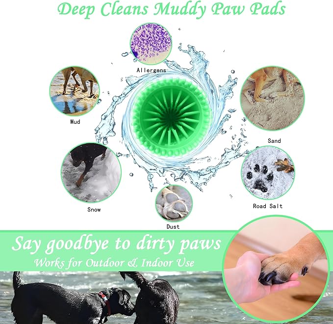 Dog Paw Cleaner Kit - Green, for L/XL Dogs, Quick Clean No Full Bath, 5-in-1 Bath Grooming Kit, Exclusive Cup-Mounted Brush Head, Grip Silicone Brush, 3 Absorbent Towels, Fits Lab