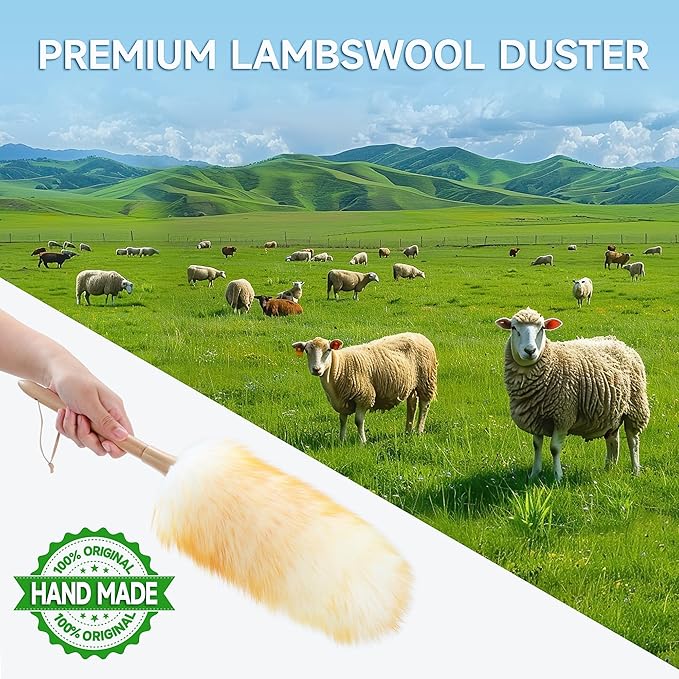 ONESIMUS 2 Pack Lambswool Dusters Fluffy Handheld Natural Feather Duster, 11 inch Washable Reusable Wool Dusters with Solid Wooden Handle for Cleaning Ceiling Fan, Interior, & Car etc
