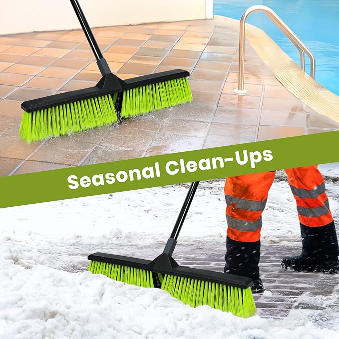 3 PK 24" Push Broom Outdoor, Heavy Duty Broom with 63" Long Handle, Shop Garage Broom with Stiff Bristle for Indoor Outdoor Floor Cleaning, Garden Patio Deck Warehouse Lawn Driveway Scrubbing