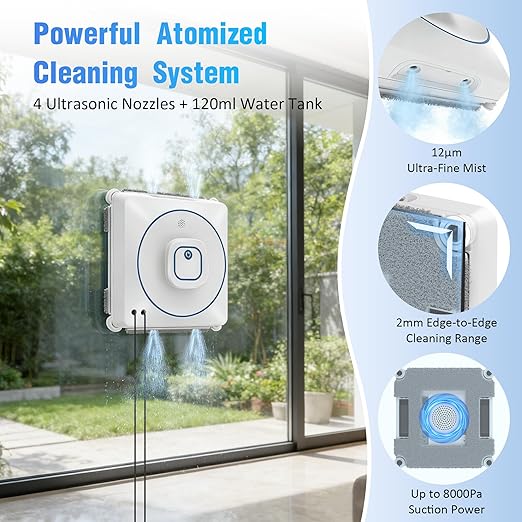 Window Cleaning Robot 8000Pa, Upgraded Dual Direction Auto-Spray Window Cleaner with 4 Cleaning Modes, Edge Detection, App&Remote Control, 15-Stage Anti-Fall for Outdoor/Indoor High Rise Windows