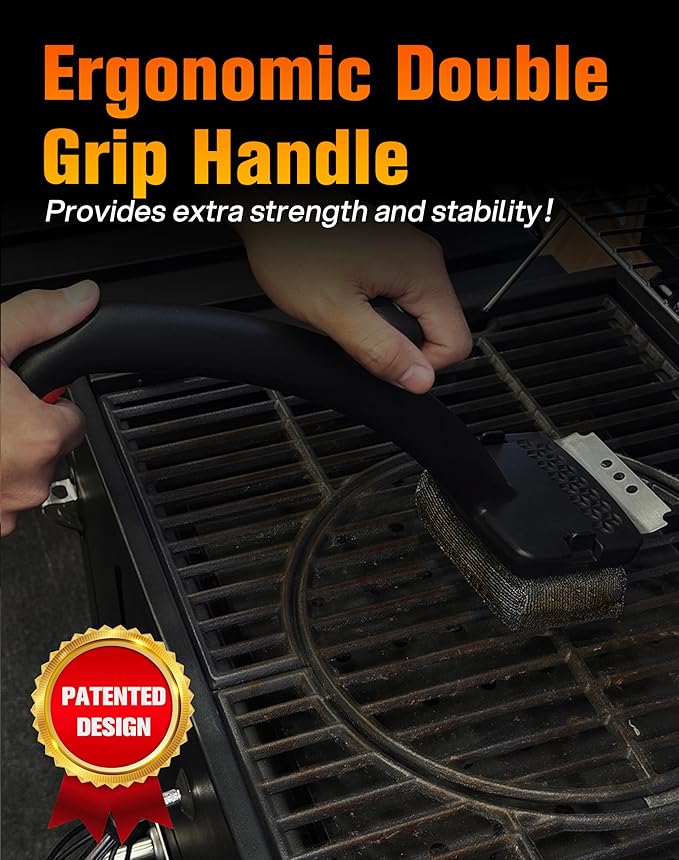 Bristle Free Grill Brush for Outdoor Grill - Safer BBQ Scrubber with Replaceable Dense Steel Fiber Woven Head - Heavy Duty Grill Cleaner & Scraper with Leverage Knob for Gas, Charcoal