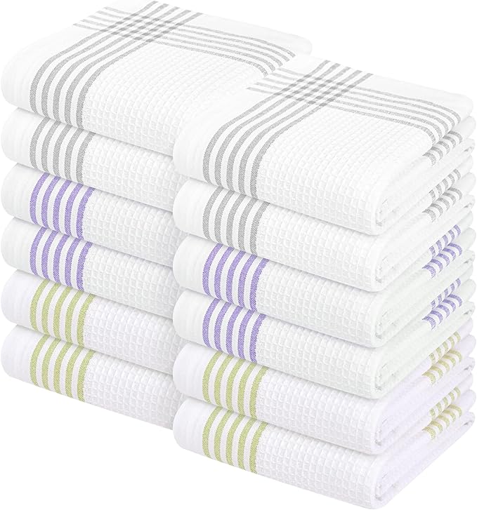 Waffle White & Multi Colors Kitchen Towels 12 Pack, 100% Cotton, 16x26 inches, Durable Dish Towel, Quick Dry Dishcloths, Ideal for Drying, Wiping - Light Grey, Lavender, Lemon Green