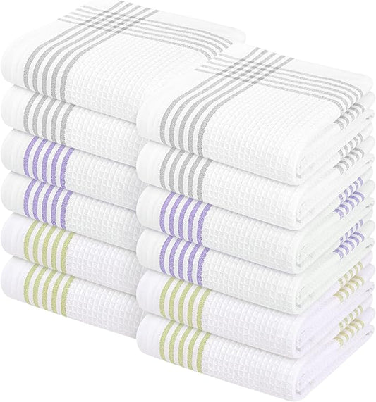 Waffle White & Multi Colors Kitchen Towels 12 Pack, 100% Cotton, 16x26 inches, Durable Dish Towel, Quick Dry Dishcloths, Ideal for Drying, Wiping - Light Grey, Lavender, Lemon Green
