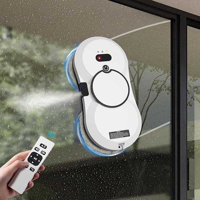 Window Cleaning Robot, Automatic Water Spray Window Washer Robot 2800Pa Strong Suction Smart Window Cleaner, Remote Control Window Washer Robot for Windows, Tiles, Glass Door (White)