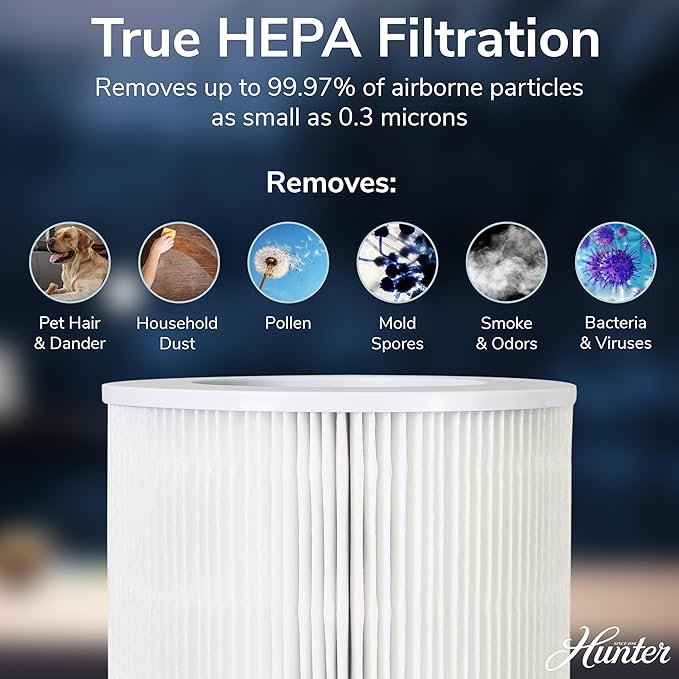 Hunter Fan Company HP670 True HEPA Air Purifier for Allergies, Removes Dust, Smoke, Mold, and Pollen, Covers up to 195 Sq. Ft., Digital Tall Tower, Sage