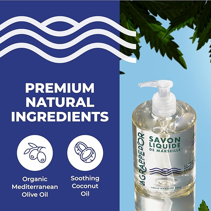 La Grappe d'Or Fresh Cannabis Scent Marseille Hand Soap with Essential Oils | Handmade in France from Moisturizing Organic Olive & Coconut Oil | Natural, Cruelty-Free & Vegan, 16.90 oz Liquid