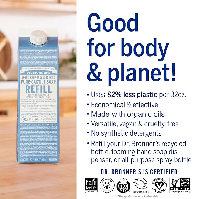 Dr. Bronner's Pure-Castile Liquid Soap Refill - Made with Regenerative Organic Certified Oils, 86% Less Plastic - 18-in-1 Uses, For Face, Body Wash, Hand Soap Refill & More - Baby Unscented, 32oz