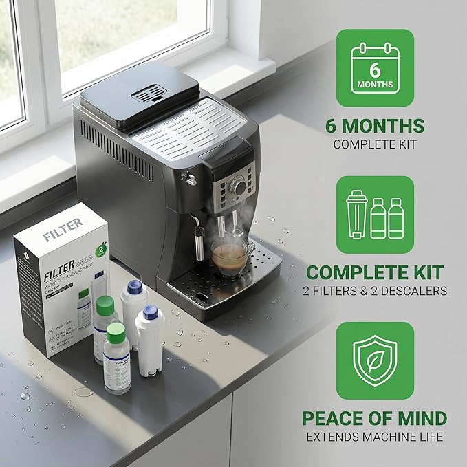 Descaling Kit Compatible with Delonghi Coffee Machines: 2 Full Maintenance Cycles | 2 Compatible with De'Longhi water Filters + 2x100ml Descaling Solution Replace Every 3 Months （6-Month）