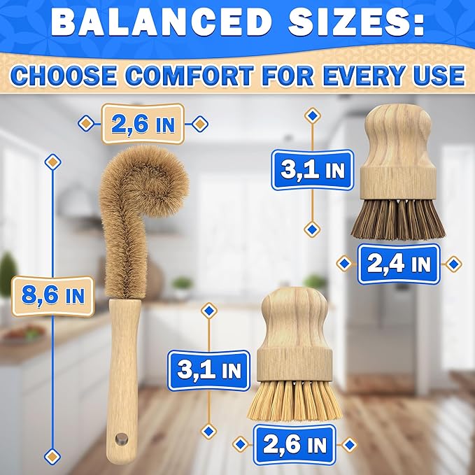 5 Pcs Bamboo Dish Brush Set – Bamboo Dish Scrubber with Soft & Stiff Non-Scratch Bristles, Ergonomic Handle, Replacement Head Included – Lightweight Kitchen Scrubber for Pots, Bottles & Vegetables