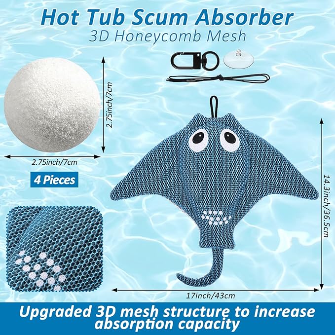Hot Tub Scum Absorber with 4 Sponge Balls, 2025 Upgrade Reusable Scum Devilfish Hot Tub Absorber Accessories Hot Tub Sponge for Spa & Pool Cleaner, Hot Tub Oil Absorbing Keeps Water Clean