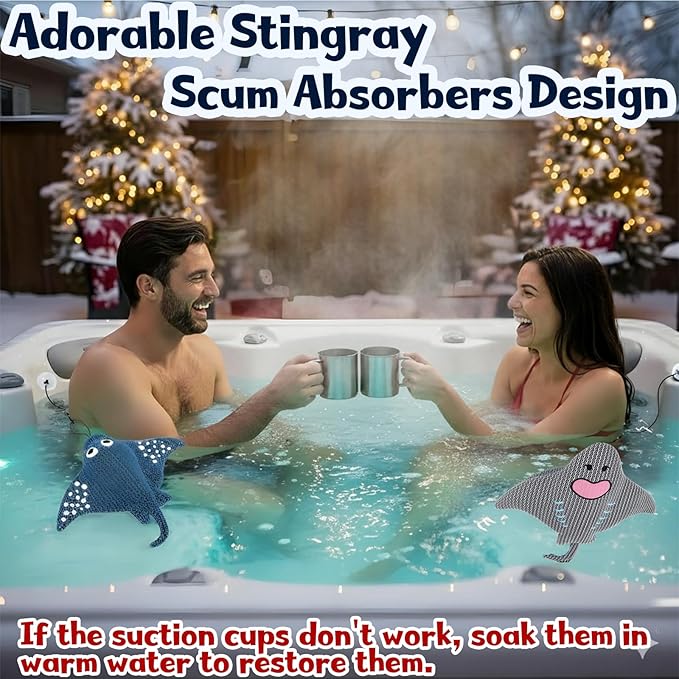 Stingray Hot Tub Scum Absorber Reusable Washable for Spa Scum Ray Floating Hot Tub Oil Absorber Cleaner Accessories for Adults (2 Pack, Stingray)