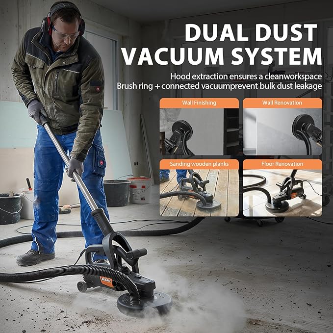 7 Inch Concrete Grinder Set with with Extendable Rod, 3800W Concrete Floor Polisher with Dust Extraction Shroud, 6 Gears, 6000RPM Concreter Surface Planner for Grinding Concrete Cement Marble
