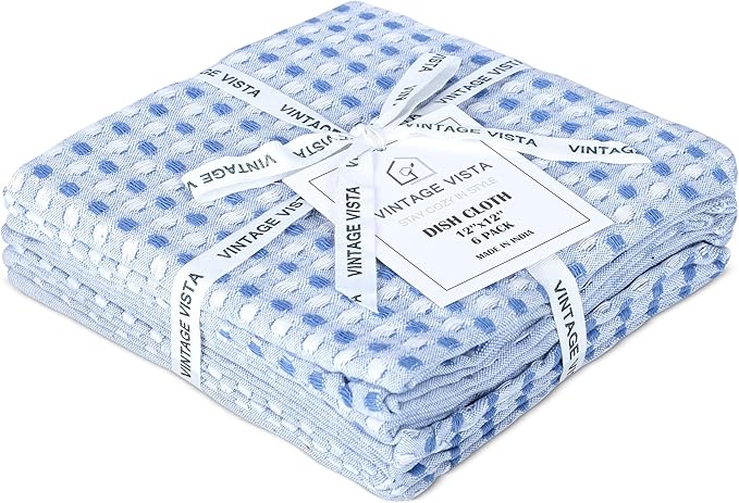 Vintage Vista 100% Cotton Dish Cloths (Pack of 6) - Dish Rags for Washing Dishes - Reusable & Highly Absorbent Kitchen Towels - Kitchen Rags for Christmas - (12" x 12" - Blue Honeycomb)