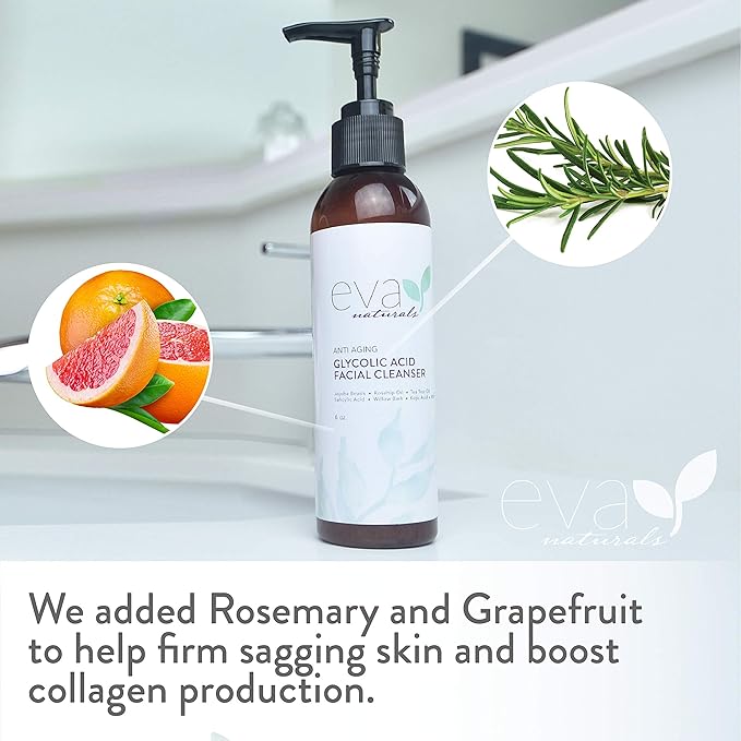 Eva Naturals Glycolic Acid Face Wash - Glycolic Acid Cleanser for Face (6 Fl Oz)