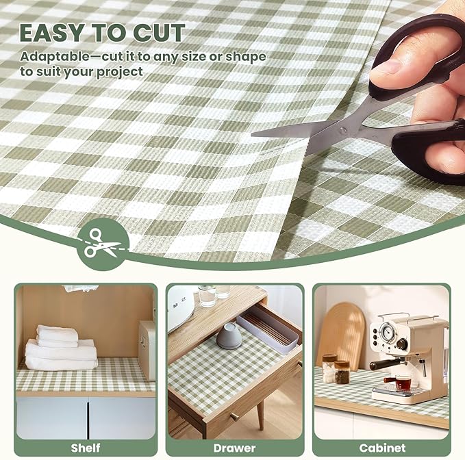 Drawer Liner and Shelf Liner for Kitchen Cabinet Liner Non-Adhesive Non-Slip Shelf Paper, Thick Strong Grip Waterproof Easy to Clean for Shelves, Cupboard, Desks, Green Plaid Pattern, 12 in x 20 FT
