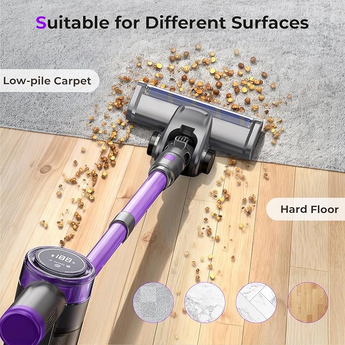 Cordless Vacuum Cleaner, 30Kpa Vacuum Cleaners for Home, Stick Vacuum with LED Display, 2 Roller Brushes for Anti-Tangle & Hard Floor, 6 in 1 Lightweight Vacuum for Hard Floors Carpet Pet Hair