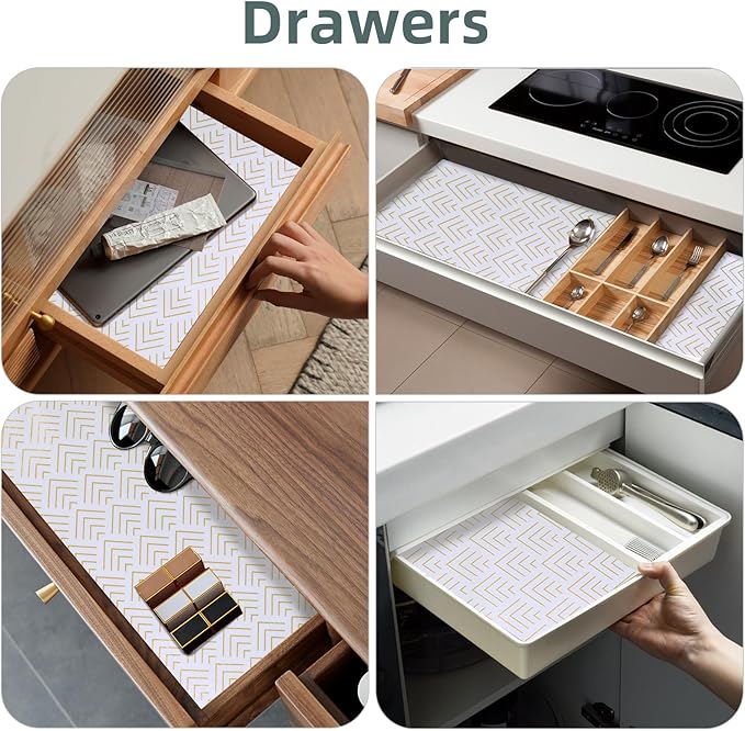 Shelf Liner for Kitchen Cabinets 12in x 10FT Non Adhesive Drawer Liner Non-Slip Thickened Shelf Liner Paper Strong Easy to Clean for Tool Box Refrigerator with Knife and Tape Measure, Gold Arrow