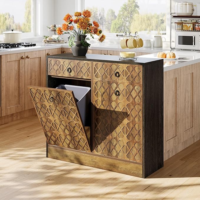 Tribesigns Double Tilt Out Trash Can Cabinet, 20 Gallon Wooden Free Standing Laundry Sorter Cabinet with 2 Drawers, Wooden Hidden Garbage Cabine with Geometric Relief Design for Kitchen, Bathroom