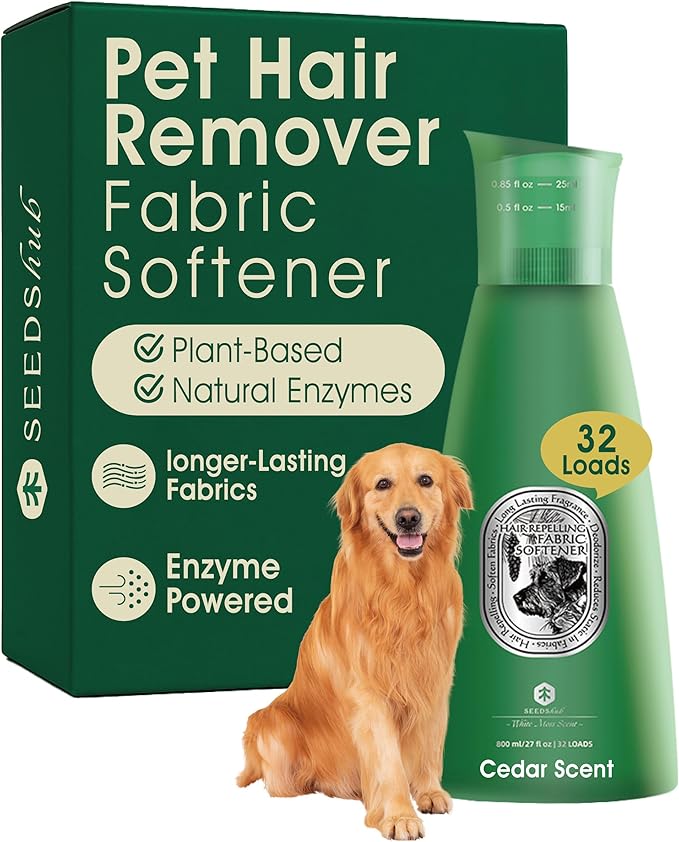 Pet Hair Remover for Laundry, 90% Fur Removal, Fabric Softener Liquid(Non-Dissolving) + Stain Remover, Removes Residue & Odors, Cedar Scent – 27 fl oz, 32 Loads