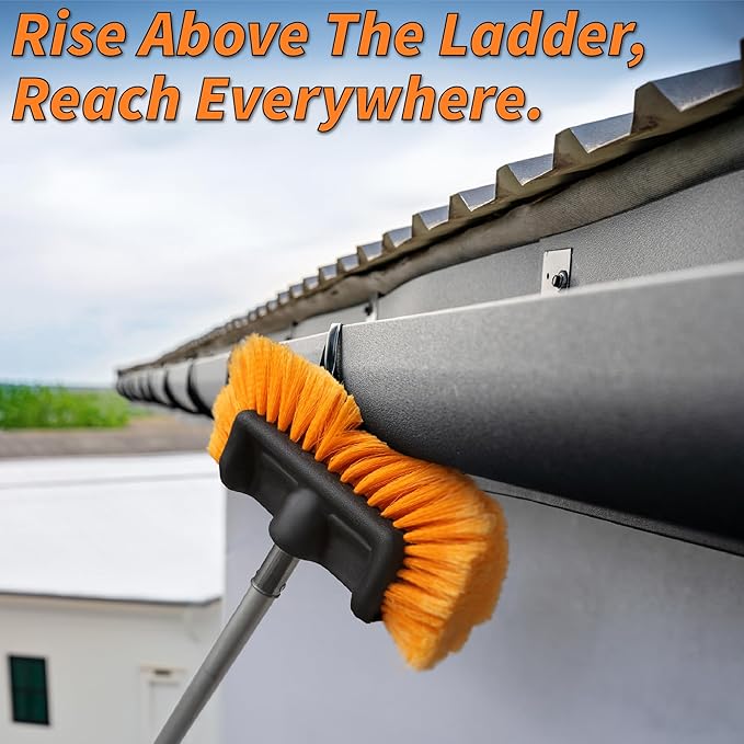 36-Foot Exterior House Cleaning Brush Set with 5-30 ft Extension Pole // Vinyl Siding Brushes with Telescopic Extendable Pole & Window Cleaning Squeegee Tool // The Ultimate Extension Scrub Brush Set