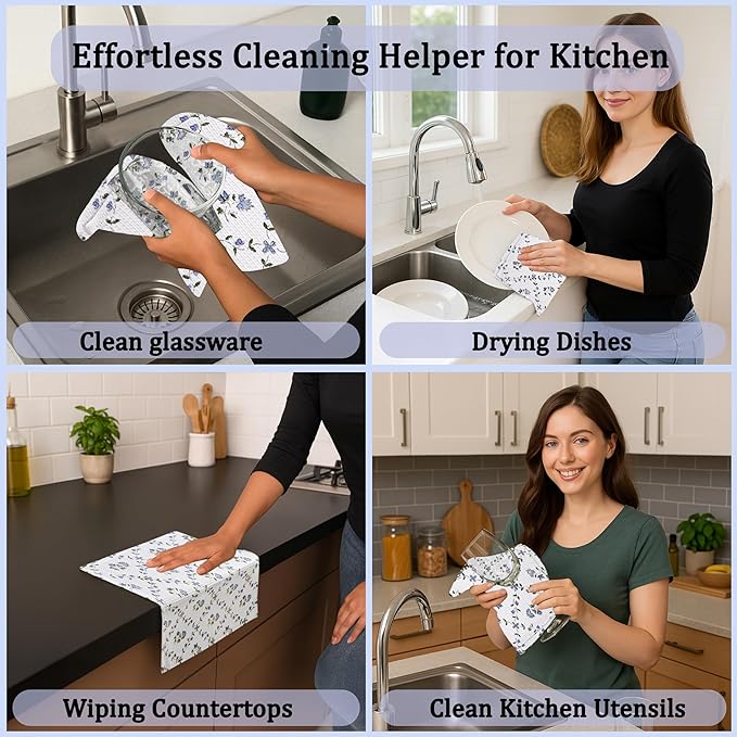 Ridhi Powder Blue Hand Block Print Cotton Waffle Dish Cloth Set of 6-12x12 Inch Super Absorbent, Soft, Reusable Kitchen Towels for Dish Drying Cleaning, Ideal for Spring, Easter, Valentine