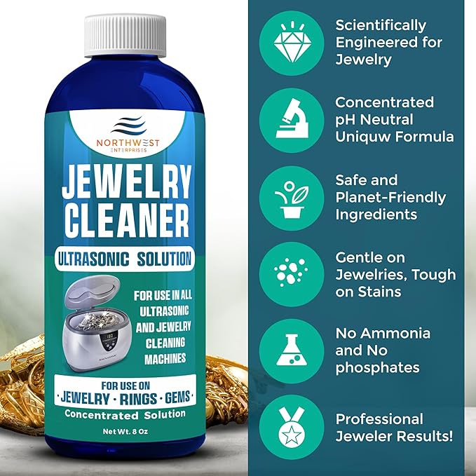 NORTHWEST ENTERPRISES Ultrasonic Cleaner Solution for Jewelry Cleaning. Concentrated Jewelry Cleaner for Gold, Platinum Diamonds and Non-Porous Precious and Semi-Precious Jewelry (Pack of 2)