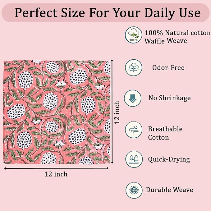 Ridhi Dark Salmon Pink Hand Block Print Cotton Waffle Dish Cloth Set of 12-12x12 Inch Super Absorbent, Soft, Reusable Kitchen Towels for Dish Drying Cleaning, Ideal for Spring, Easter, Valentine