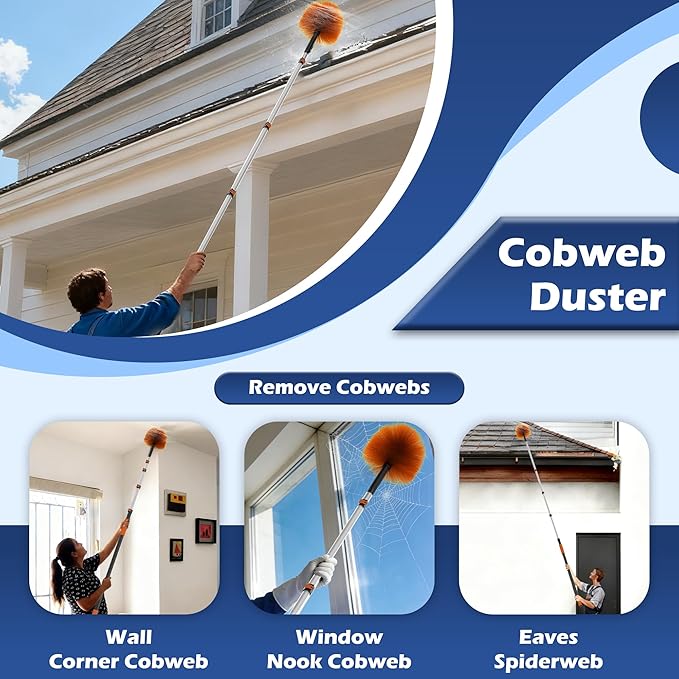 26FT High Reach Duster Kits with 5-20FT Extension Pole, Cobweb Duster with Telescoping Pole, Washable Ceiling Fan Cleaner & Window Squeegee for Glass Surfaces & High Roof