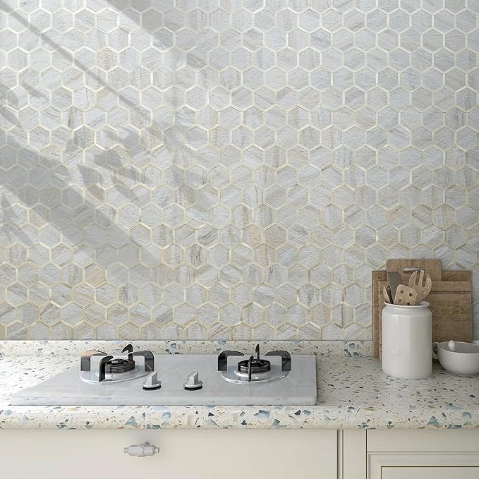 DICOFUN 1 Sheet Hexagon Peel and Stick Backsplash Tile, Beige Slate Mixed Gold Kitchen Backsplash Peel and Stick Wall Tiles