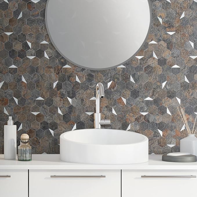 DICOFUN Hexagon Tile Mixed Metal Peel and Stick Backsplash, Self Adhesive Mosaic Tiles for Kitchen and Bathroom (1, Rust Slate and Silver)