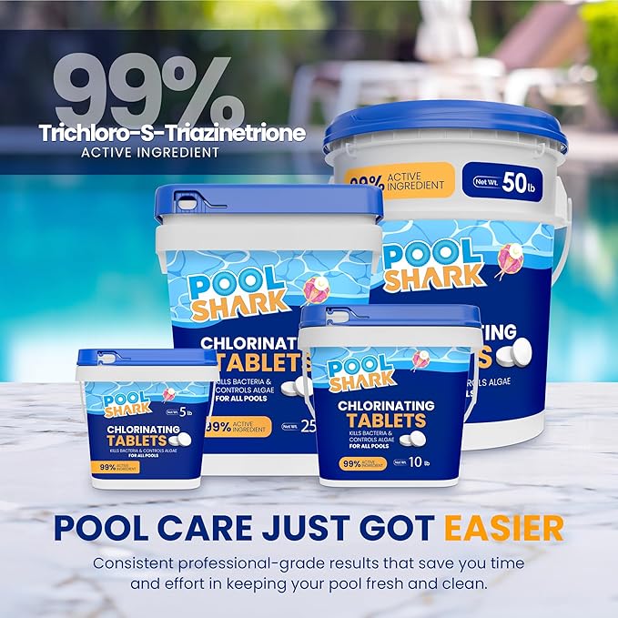 Pool Shark Swimming Pool Chlorine Tablets - 3-Inch Chlorine Tablets - Slow-Dissolving 90% Active Chlorine Tabs - Pool Chemicals for Inground Pools, Above Ground Pools, Saltwater, Spa, Hot Tub (25 lbs)