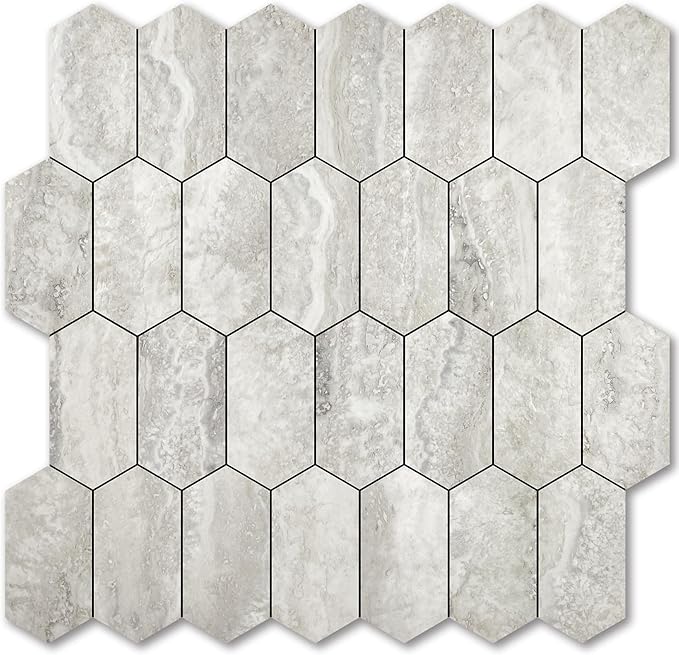 Vamos Tile Long Hexagon Peel and Stick Backsplash Tile - 10 Sheets Stick on Backsplash for Kitchen and Bathroom 12.4 x 12 Inch Beige Slate Look PVC Self Adhesive Mosaic Wall Tiles