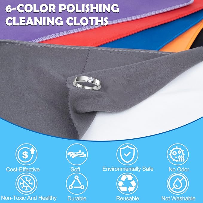 6 PCS Jewelry Polishing Cloths, 10x12 Inch Soft Pure Cotton Polishing Cloths for Cleaning Gold, Silver, Platinum, Diamond, Stainless Steel, Keeps Clean and Shiny (6 Dark Colors)