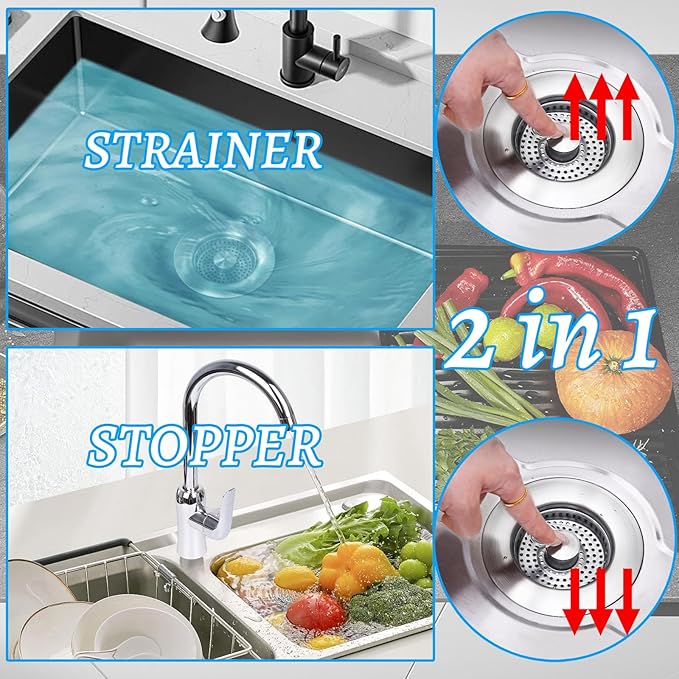 2 Pcs 3 in 1 Kitchen Sink Drain Strainer,Universal Stainless Steel Kitchen Sink Stopper, Pop Up Anti-Clogging for 3-1/2 Inch US Standard Sink Drain Strainer