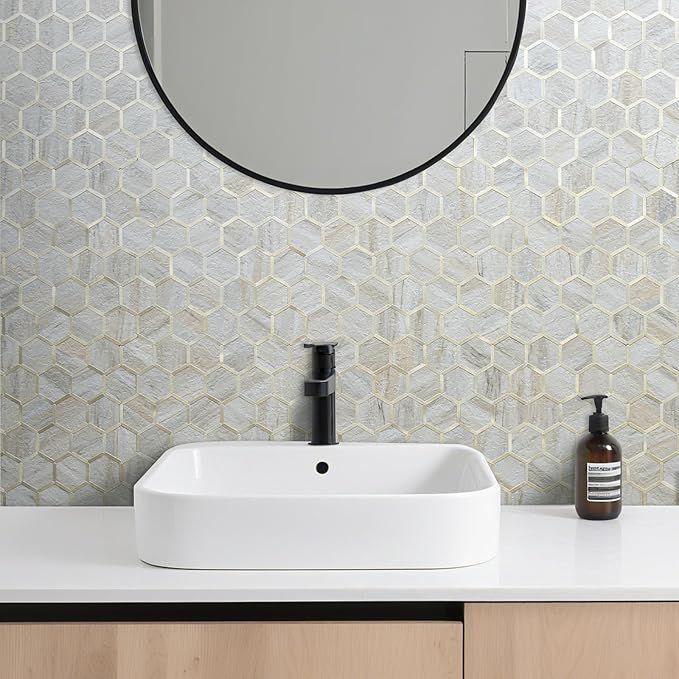 DICOFUN 10-Sheet Hexagon Peel and Stick Backsplash Tile, Beige Slate Mixed Gold Kitchen Backsplash Peel and Stick Wall Tiles