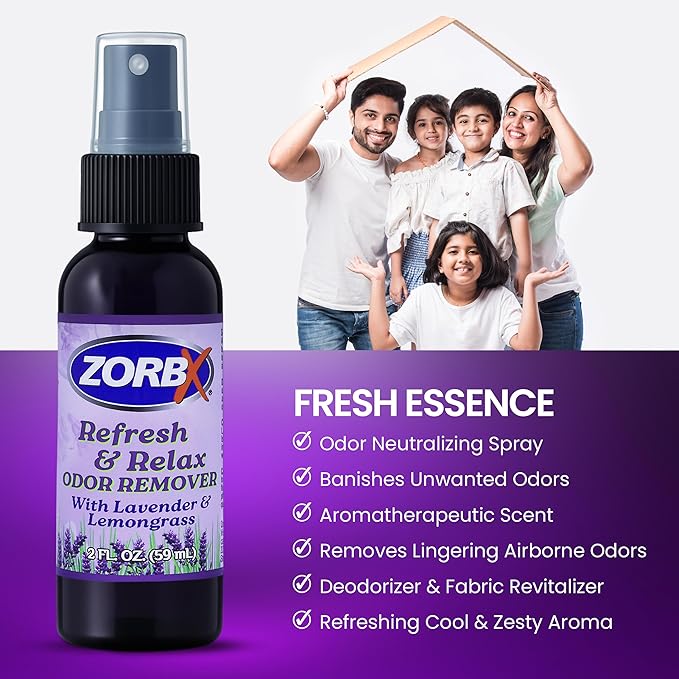 ZORBX Refresh & Relax 2 Oz Odor Remover Spray with Lavender & Lemongrass – Permanent Solution Room Freshener & Air Freshener Spray for Home, Bathroom, Furniture, Carpet, Car, Gym & Laundry
