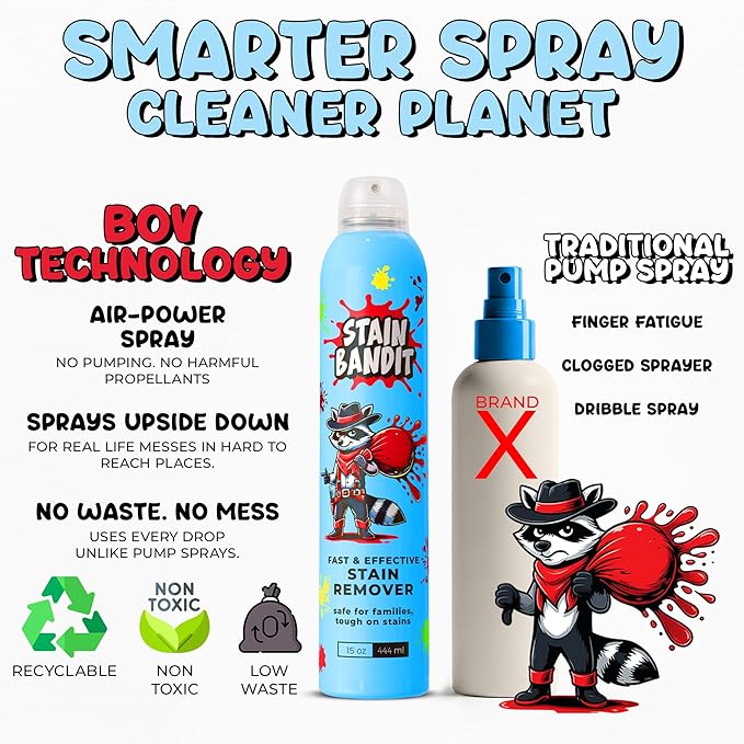 Stain Remover Spray - Non-Toxic, Family Safe Formula - Bag-On-Valve 360 Continuous Spray - Powerful Natural Cleaner for Clothes, Upholstery, Carpet, Car Seats & More - 15oz