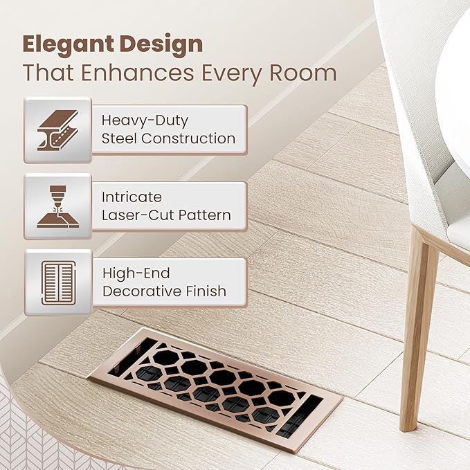 Floor Register 4x10 Vent Cover – Heavy-Duty Steel, Rustproof & Walkable Grates, Easy Drop-in Install, Adjustable Air Supply Switch - Decorative Honeycomb Design, Satin Bronze