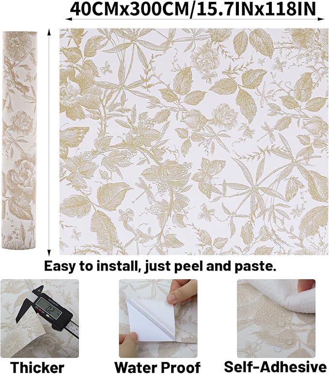 Drawer Liner Contact Paper for Dresser Peel and Stick Wallpaper Sketched Design 15.7x118in Self Adhesive Removable Champagne Maroon Rose Floral Butterfly Vintage Cabinet Shelf Renter Friendly
