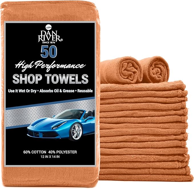 DAN RIVER Shop Towels, 50 Pack Commercial Use Orange Terry Cloth Rags for Cleaning Cars & Household Surfaces – Well Absorbent, Reusable Cleaning Rags & Wash Clothes – Washable Towels