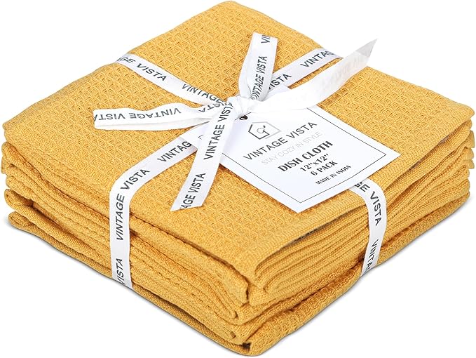 Vintage Vista 100% Cotton Waffle Dish Cloths (Pack of 6) - Dish Rags for Washing Dishes - Reusable & Highly Absorbent Kitchen Towels - Kitchen Rags for Christmas - (12" x 12" - Yellow)