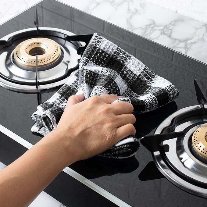 Blue Needles Waffle Weave Check Plaid Kitchen Towels, 15x25 Inches 100% Cotton Set of 4 Dish Towels for Kitchen, Ultra Soft & Absorbent for Quick Drying with Hanging Loop Spring Summer - Black & White